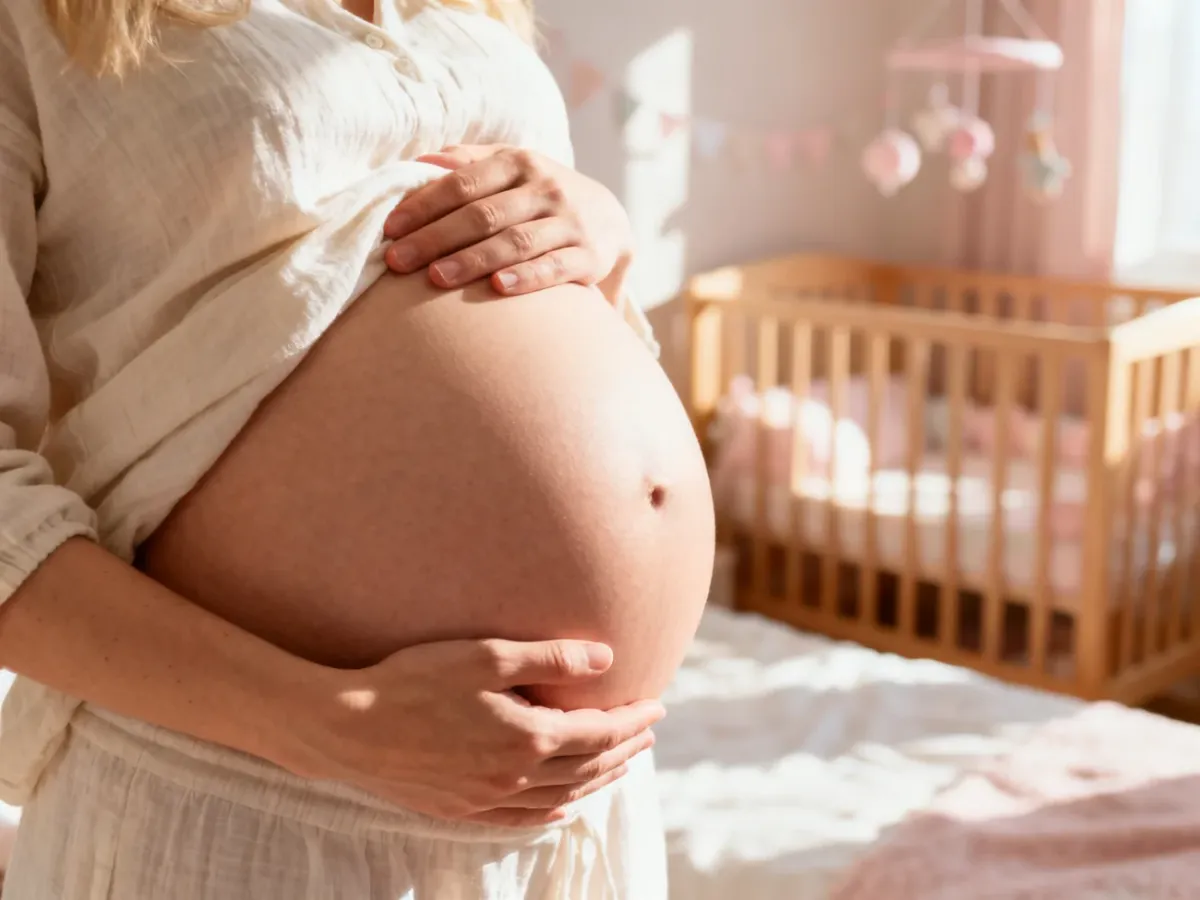 Ciężarna kobieta delikatnie obejmująca dłońmi swój zaokrąglony brzuch w przytulnym, słonecznym pokoju dziecięcym.