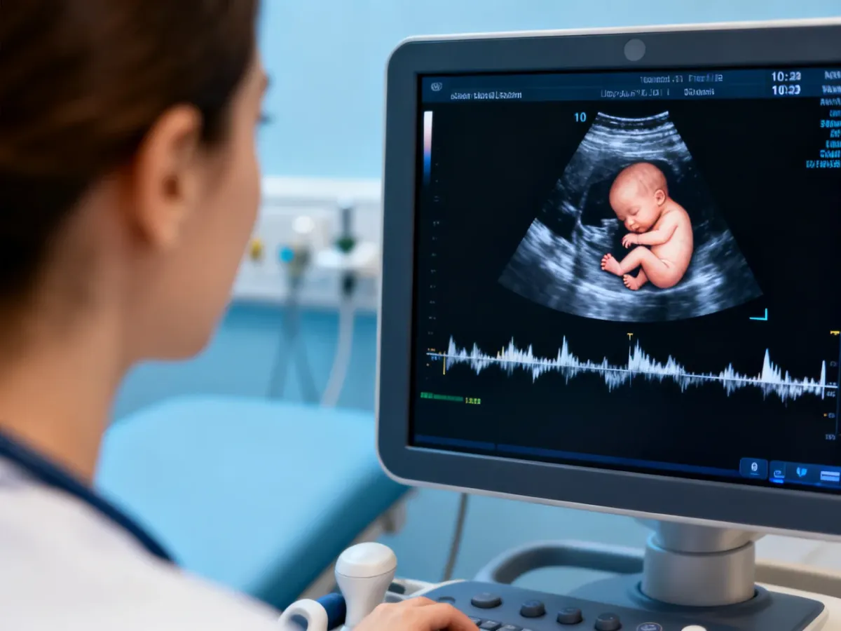Badanie USG w 10. tygodniu ciąży z widocznym wczesnym płodem na monitorze