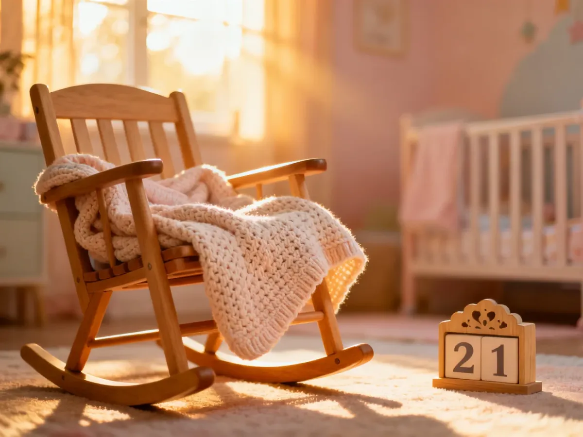 Przytulny pokój dziecięcy z drewnianym kalendarzem wskazującym 21. tydzień, symbolizujący przygotowania do narodzin dziecka.