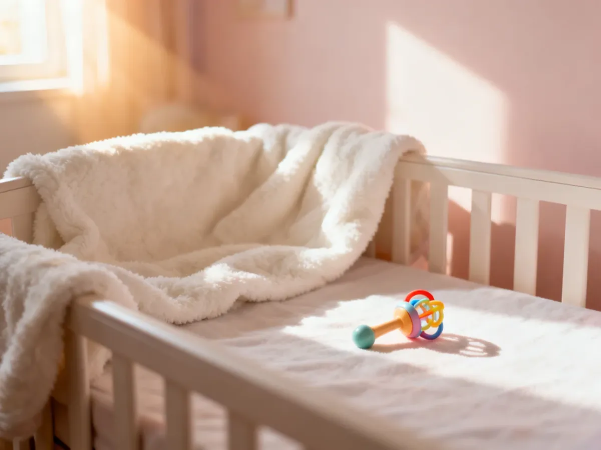 Przytulne łóżeczko niemowlęce z miękkim kocykiem i grzechotką w słonecznym, spokojnym pokoju dziecięcym.