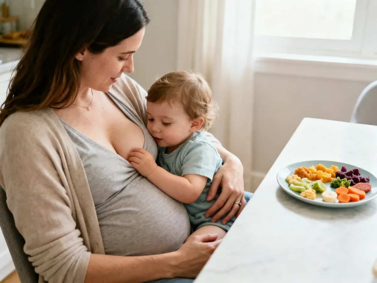 Mama karmi piersią starsze dziecko w domu, obok którego znajdują się różnorodne stałe pokarmy