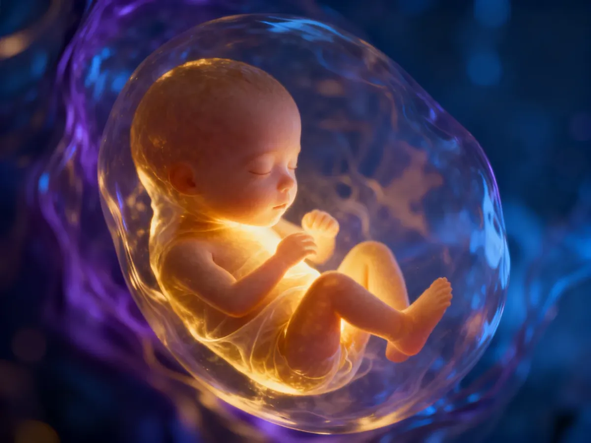 Realistyczna wizualizacja 3D płodu w piątym miesiącu ciąży, ukazująca jego rozwój wewnątrz macicy.