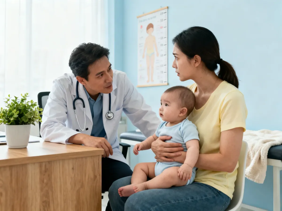 Rodzic konsultujący z pediatrą problem zaparć u niemowlęcia