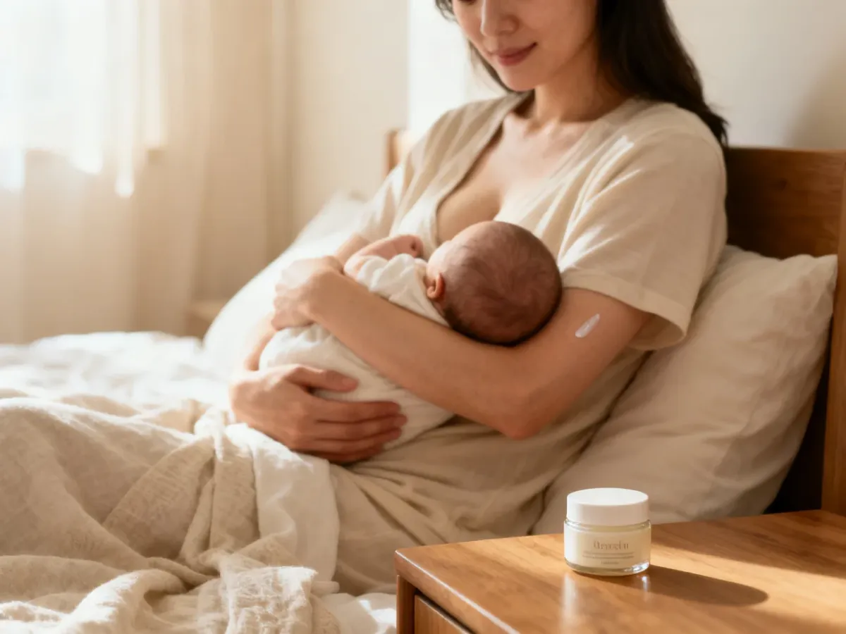 Karmiąca mama trzymająca niemowlę obok kosmetyku z retinolem